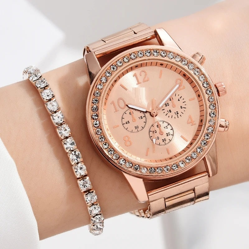 Steel Strap Women's Watch Fake Three Eyes Women's Casual Korean Quartz Watch Set - MAXXLIFE ONLINE STORE