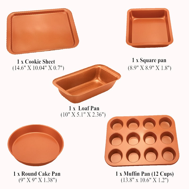 5 Pcs Baking Pans - Organic Eco Friendly Nonstick Coating - Premium Quality - Muffin Pan, Loaf Pan, Square Pan, Cookie Sheet, Round Pan - Bakeware Set - MAXXLIFE ONLINE STORE