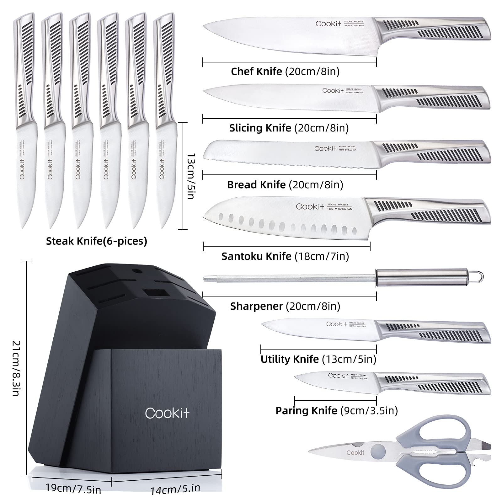 Kitchen Knife Set, 15 Piece Knife Sets with Block, Chef Knives with Non-Slip German Stainless Steel Hollow Handle Cutlery Set with Multifunctional Scissors Knife Sharpener  Amazon Platform Banned - MAXXLIFE ONLINE STORE