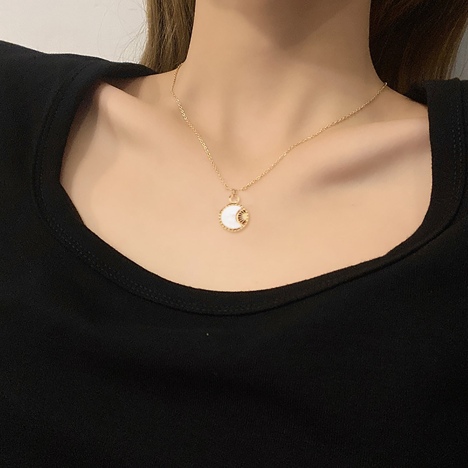 Stainless Steel White Shell Moon Necklace Gold-plated Round - MAXXLIFE ONLINE STORE